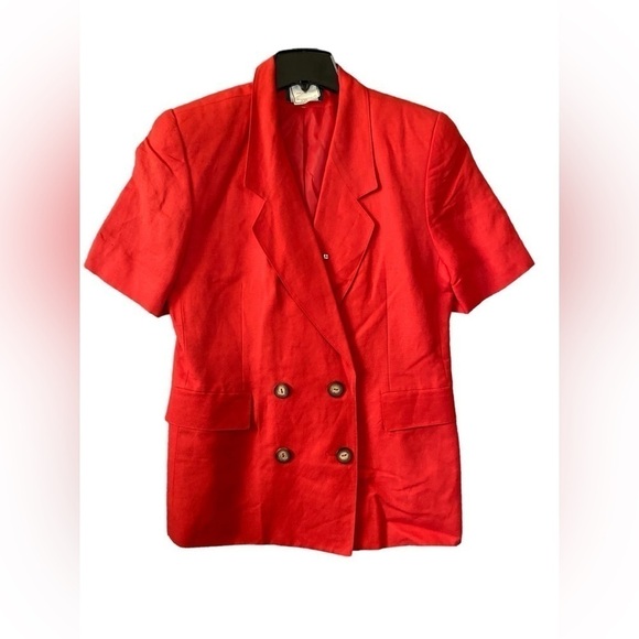 VTG Harve' Benard Collection Pant Suit Women 12 Red Linen Double Breast Taper - Picture 1 of 13